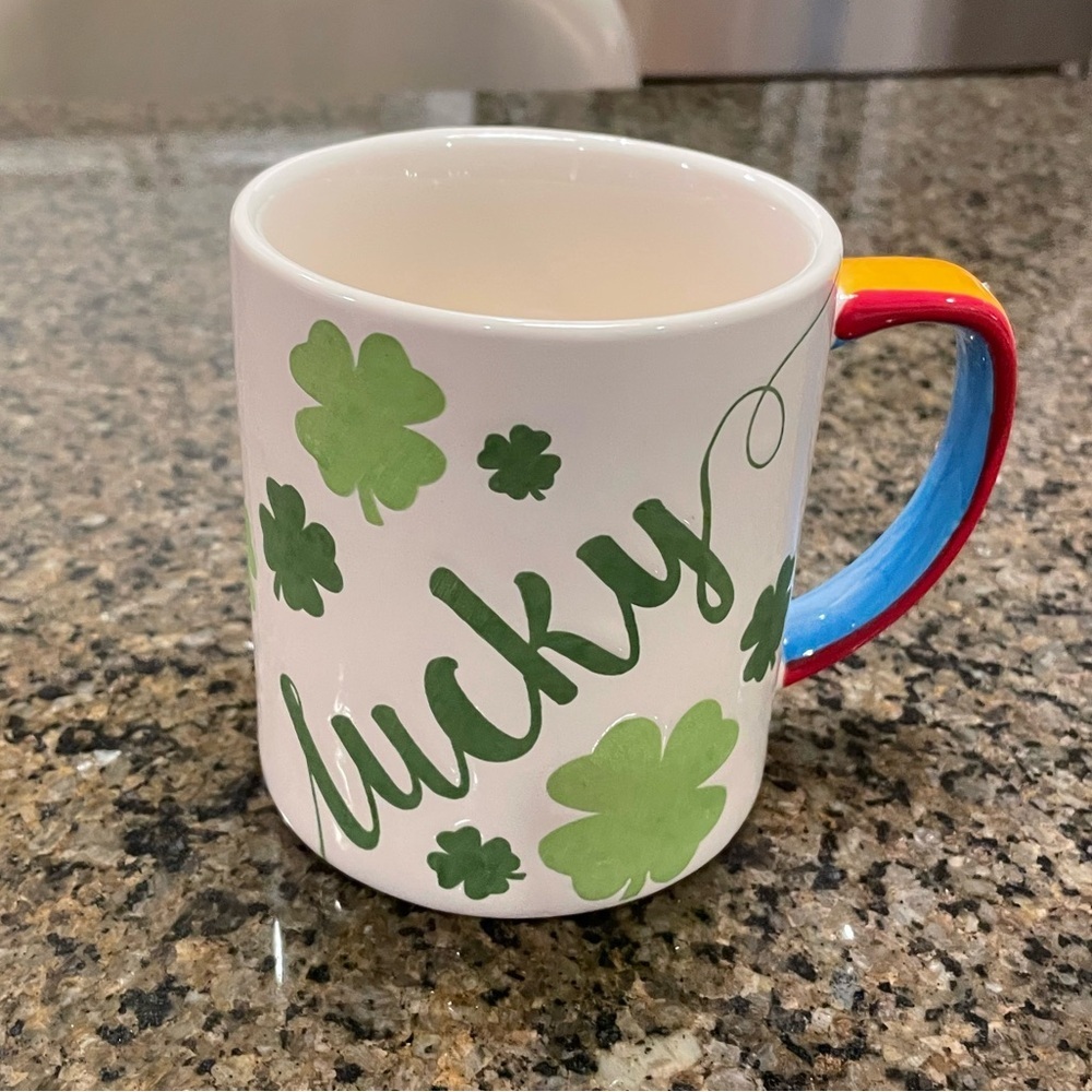 LANG Irish "Lucky" Coffee Tea Mug Ceramic Rainbow Handle Shamrocks St. Patty's